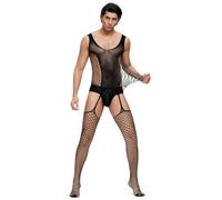 ohyeahlady Body de Rejilla Sexy Hombre Fiesta Talla Grande Medias Red de Malla Conjunto de Lencería de Encaje Bodystocking Abierto Jumpsuit Mesh Ropa Interior Transpirable Clubwear Negro,XS-M
