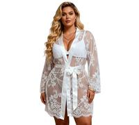 ohyeahlady Kimono Bata Mujer Transparente Sexy Verano Talla Grande Camisón De Encaje Batas Cortas Lencería y Atrevida Picardías Ropa De Dormir Sleepwear Cómodo Con Cinturón y Tanga(Blanco,XS-S)