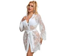 ohyeahlady Kimono Bata Mujer Transparente Sexy Verano Talla Grande Camisón De Encaje Batas Cortas Lencería y Atrevida Picardías Ropa De Dormir Sleepwear Cómodo Con Cinturón y Tanga(Blanco,M-L)