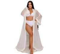 ohyeahlady Lencería Bata Kimono Mujer Sexy Talla Grande Albornoz Ligero De Encaje Con Plumas Camisón De Dormir Manga Larga Chemise De Nuit Pijama Curvy Ropa Interior Sleepwear Cómodo(Blanco,M-L)