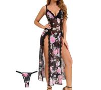 ohyeahlady Vestido Encaje Mujer Verano Talla Grande Vestidos Sin Mangas Traje De Baño Ropa De Encaje Femenina Ropa Interior Elegante Lencería Curvy Babydoll Malla Larga Chemise Floral,M