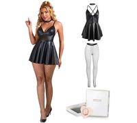 ohyeahlady Vestido Sexy Mujer Corto De Cuero Tallas Grandes Vestidos de Fiesta Elegantes Mini Vestito Sexy Club Ropa Lenceria Hot Trajes Vestir Conjunto Wetlook Ajustado Cóctel Negro+Pantimedias,L
