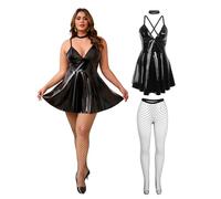 ohyeahlady Vestido Sexy Mujer Corto De Cuero Tallas Grandes Vestidos de Fiesta Elegantes Mini Vestito Sexy Club Ropa Lenceria Hot Trajes Vestir Conjunto Ajustado Cuero Brillante Negro+Pantimedias,XL