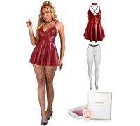ohyeahlady Vestido Sexy Mujer Corto De Cuero Tallas Grandes Vestidos de Fiesta Elegantes Mini Vestito Sexy Club Ropa Lenceria Hot Trajes Vestir Conjunto Wetlook Ajustado Cóctel Rojo+Pantimedias,S