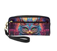 OIBNKCN Bolsa de maquillaje de viaje versátil con diseño de gato misterioso y colorido, impresión de doble cara, organizador de cosméticos de piel sintética ultrasuave para mujeres, regalos del día de
