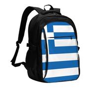OIBNKCN Mochila de viaje clásica con bandera griega con puerto de carga USB y conector de música, perfecta para hombres y mujeres, con compartimento para portátil