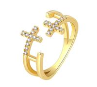 Oidea Anillo de doble cruz para mujer: anillos de cruz de oración de circonita cúbica para mujer, ajustable, apilable, anillo de pureza, bautizo, joyería cristiana, regalo para ella, Metal, Sin