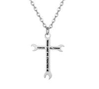 OIDEA Colgante de Hombre Collar de Crucifijo de San Benito Grabado I Can Do All Things Collares Vintage Mujer Signo de Confianza, Cadena de Color Plata 55cm, Plata