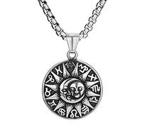 OIDEA Collar de Hombre Vintage, Círculo 3 cm Luna Sol Colgante 12 Signos del Zodiaco Rodeado Hiphop Colgante de Acero Inoxidable con Cadena de Trigo de 56 cm, Plata