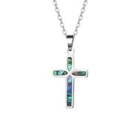OIDEA Collar Religioso de Cruz para Mujer: Colgante de Abalone Iridiscente en Acero Inoxidable Color Plateado - Para Comunión Bautismo Regalo