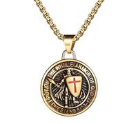 OIDEA Collar San Miguel Arcángel para Hombre Colgante Escudo Redondo Caballero con Espada y Cruz Roja en Acero Inoxidable Dorado Amuleto Religioso Católico Ideal como Regalo