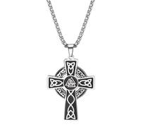 OIDEA Collar Vikingo Cruz Hombre: Colgante de Nudo Triangular Vintage Plata de Acero Inoxidable para Caballero Amuleto Disco Redondo Joyería Nórdica Hipoalergénico - Para Rezar Uso Diario Regalo