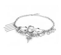 OIDEA Gargantilla de reloj para mujer: collar con colgante de cuentas de cristal acrílico con borla de cruz punk retro, esfera analógica de cuarzo plateado, cadena de 38 cm con extensión de 8 cm