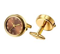 Oidea Gemelos de reloj para hombre: gemelos redondos de cuarzo analógico de cuarzo real, par de gemelos de reloj de negocios, números romanos, regalo para él, Esfera marrón dorada