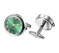 Oidea Gemelos de reloj para hombre: gemelos redondos de cuarzo analógico de cuarzo real, par de gemelos de reloj de negocios, números romanos, regalo para él, Esfera verde plateada