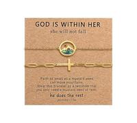 Oidea Juego de pulseras de cruz de semillas de mostaza: pulsera ajustable de confirmación de bautismo de fe cristiana para mujer, joyería de semillas de mostaza, regalos religiosos con tarjeta de
