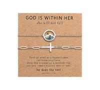 Oidea Juego de pulseras de cruz de semillas de mostaza: pulsera ajustable de confirmación de bautismo de fe cristiana para mujer, joyería de semillas de mostaza, regalos religiosos con tarjeta de