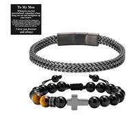 OIDEA Juego Pulseras Cuentas Hombre: Brazalete de Cadena Cubana Cruz Cristiano Ajustable Negro Ojo de Tigre Acero Inoxidable para Caballero con Tarjeta - Para Uso Diario Ocio Regalos