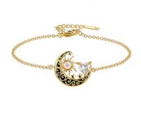 OIDEA Pulsera 14K Dorada Sol Luna Mujer: Brazalete Esmalte Negro Ópalo, Circonita Corazón Cadena Ajustable, Regalo Navidad, San Valentín