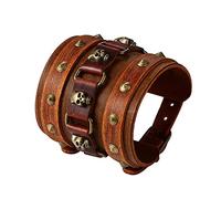 OIDEA Pulsera de Cuero Auténtico Ajustable Calavera con Hebilla de Aleación 5 Agujeros para Ajustar Pulsera Rock Hiphop de Moda Marrón Suave Regalo Cumpleaños Día del Padre