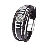 Oidea Pulsera de cuero vikingo para hombre: pulsera de cuerda de cera en capas negras con brújula de runa de acero inoxidable, amuleto nórdico pagano, joyería de regalo, talla única, Metal, No es una