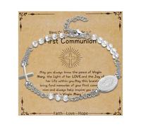 OIDEA Pulsera Rosario Virgen María: Brazaletes de Cuentas Cruz Cristales de Imitación para Mujer y Niña Acero Inoxidable Adjustable Blanca Plata con Tarjeta - Para Bautismo Santa Comunión Regalos