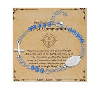 OIDEA Pulsera Rosario Virgen María: Brazaletes de Cuentas Cruz Cristales de Imitación para Mujer y Niña Acero Inoxidable Adjustable Azul Plateado con Tarjeta - Para Bautismo Santa Comunión Regalos