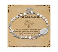 OIDEA Pulsera Rosario Virgen María: Brazaletes de Cuentas Cruz Cristales de Imitación para Mujer y Niña Acero Inoxidable Adjustable Oro Blanco con Tarjeta - Para Bautismo Santa Comunión Regalos