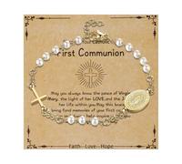 OIDEA Pulsera Rosario Virgen María: Brazaletes de Cuentas Cruz Cristales de Imitación para Mujer y Niña Acero Inoxidable Adjustable Oro Blanco con Tarjeta - Para Bautismo Santa Comunión Regalos