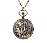 Oidea Reloj de bolsillo de bronce: reloj de bolsillo con medallón con patrón de caballo antiguo con cadena, números arábigos, esfera de esqueleto, analógico, reloj de cuarzo, collar, regalo de