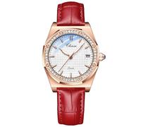OIDEA Relojes Analógico Redondo Mujer: Reloj de Cuarzo Casual para Señora Correa de Cuero Auténtico Puntero Luminoso Calendario Resistente al Agua Rojo - para Ocio Negocios Regalos