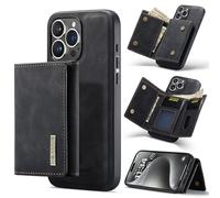 Oidealo DG.MING - Funda tipo cartera 2 en 1 compatible con iPhone 15 Pro Max, funda de cuero retro magnética desmontable con ranura para dinero en efectivo y tarjetas de crédito (negro)