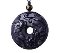 OIFAODAO, Collar de pareja hombres y mujeres con colgante hebilla seguridad PiXiu obsidiana esmerilada Natural,Collar de obsidiana