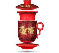 OIFAODAO La taza， Cuencos, juego de 4 tazas té con diseño dragón chino, colador, infusor, tapa y platillo, taza cerámica, personal porcelana china 1(Red)