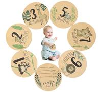OIGWBPH 7 piezas Tarjetas de Hitos Bebe,Redondas de Cartel de Bienvenida de Madera para Recién Nacido,Regalos Bebes,Album Embarazo (Madera con animales coloridos)