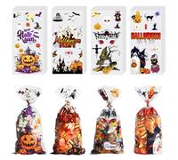 OIIVPWUL Bolsas de regalo de Halloween, 120 bolsas de dulces de Halloween, bolsas de celofán de Halloween con 130 lazos dorados y negros, bolsas de regalo de truco o trato para suministros de fiesta