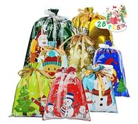 OILCUP Bolsas de regalo de Navidad con cordón, 28 bolsas de regalo de Papá Noel de varios tamaños con lazo de cinta en 4 tamaños y 8 diseños para regalos de Navidad, bolsas de regalo de fiesta, jumbo