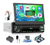OiLiehu Dab+ Radio 1 DIN con CarPlay Android Auto Inalámbrico, 7" IPS Pantalla Retráctil Manual Radio para Coche con Enlace Espejo, Bluetooth, FM/Dab, SWC, AUX, EQ, USB, Tipo-C, Camara Marcha Atras