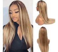 OiMiGO Peluca de cabello humano con encaje frontal mejorado, densidad del 180 %, color marrón ceniza a rubio, 13 x 4, pelucas lacias con cierre de encaje suizo 3T8/22, pelucas con reflejos degradados