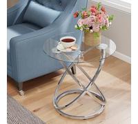 OIOG Mesa auxiliar redonda de cristal, mesa auxiliar moderna y contemporánea para espacios pequeños con mesa de vidrio templado para sala de estar, acabado cromado