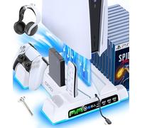 OIVO Soporte para PS5/PS5 Slim/PS5 Pro con Ventilador de 3 Velocidades, Cargador para Mando PS5, Soporte PS5 Vertical con 3 Puertos USB y Ranuras de 14 Juegos, Almacenamiento para PS5