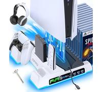 OIVO Soporte para PS5/Slim/Pro con Ventilador de 3 Velocidades, Cargador para Mando PS 5, Soporte PS5 Vertical con 3 Puertos USB y Ranuras de 14 Juegos, Almacenamiento PlayStation 5, Blanco & Negro