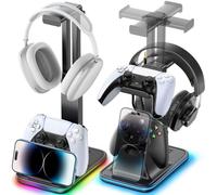 OIVO VGA DESIGN Soporte para Auriculares y Mando para Escritorio con Iluminación RGB y Soporte para Móvil, Gancho Giratorio 360°y Altura Ajustable, Organizador de Cables, Accesorios Gamer