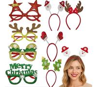OIXEYA 8 Piezas Diadema Navideña y Gafas de Navidad Set, Disfraz de Reno Divertido Diadema Árbol de Navidad Anteojos para Fiestas