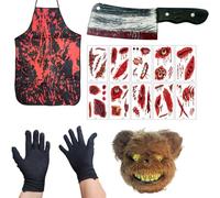 OIXYEE Disfraz Halloween Adulto Aterrador Kit Completo, Incluye Máscara de Oso Siniestro, Delantal Sangriento, Cuchillo Antiguo, 10 Pegatinas de Heridas y Guantes Negros, Ideal para Fiestas de Terror