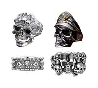 OIXYEY 4 piezas anillo retro punk rock calavera para hombre anillo de acero inoxidable anillo de banda, anillo de acero inoxidable para hombres niños piratas rock calavera anillos de motociclista