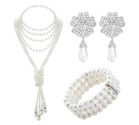 OIXYEY Juego De 3 Piezas Pendientes Pulsera, Collar De Perlas De Imitación, Conjunto Joyería Para Mujer Y Niñas, 1920S Gatsby Collar De Perlas, Para Carnaval, Bodas, Bailes (Plata B)