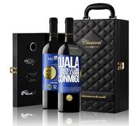 «Ojalá te roben la cama y vengas a dormir conmigo» Mensaje en una Botella. Estuche-Maletín de LUJO 2x Vino Tinto Premium Reserva 12 Meses y Set de 4 Accesorios. Etiqueta Azul PERSONALIZABLE