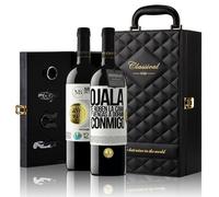 «Ojalá te roben la cama y vengas a dormir conmigo» Mensaje en una Botella. Estuche-Maletín de LUJO 2x Vino Tinto Premium Reserva 12 Meses y Set de 4 Accesorios. Etiqueta Blanca PERSONALIZABLE