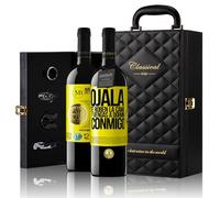 «Ojalá te roben la cama y vengas a dormir conmigo» Mensaje en una Botella. Estuche-Maletín de LUJO 2x Vino Tinto Premium Reserva 12 Meses y Set de 4 Accesorios. Etiqueta Amarilla PERSONALIZABLE